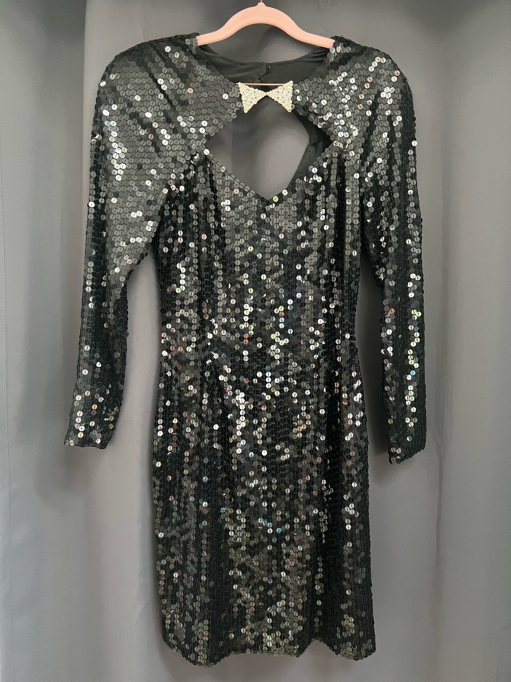 NITELINE; Vintage Black Sequin Long-Sleeve Cutout Dress